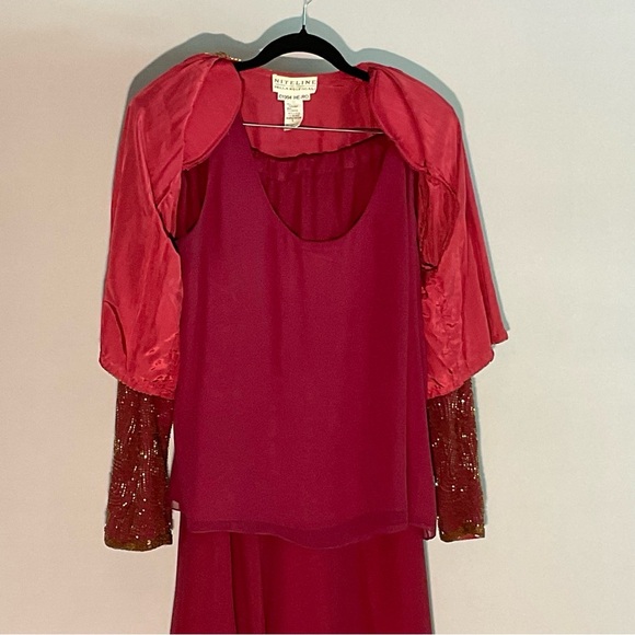 Niteline Burgundy Silk Large 3 Piece Evening Wear Gold Bugle Beaded Jacket - Picture 10 of 16